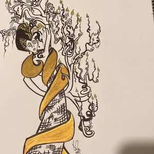 Unframed Original Art Tree Lady Drawing Illustration w Gold Metallic Highlights